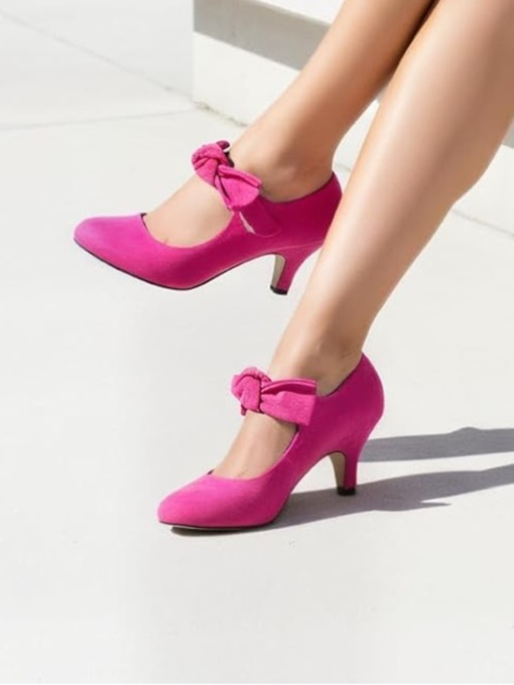 Liuruijia Women's Fuchsia Almond Toe Bow-Strap Mid Heels